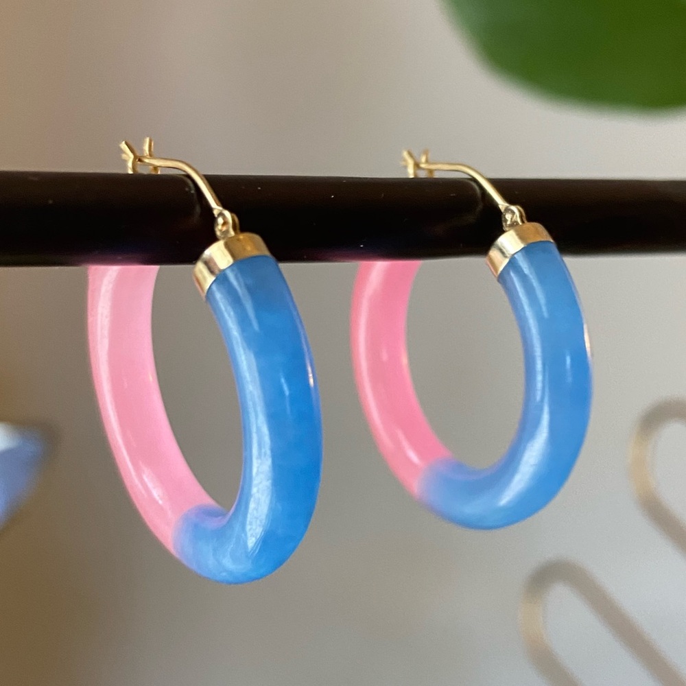 14k Genuine Jade Hoops - Mint Condition